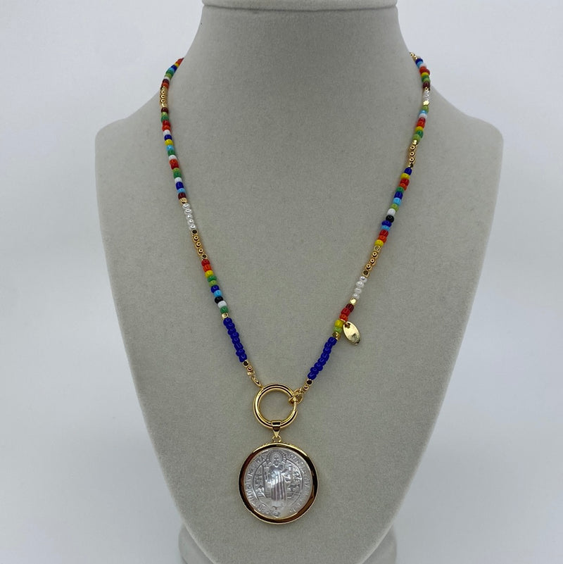"Rainbow" Bead Necklace W/ Large Pearl Disk