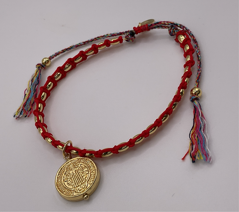 Red/Tan Knitted bracelets W/ San Benito Gold Metal  & Multicolored lace