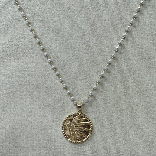 Gold & Pearl Necklace W/ Large Gold Disk