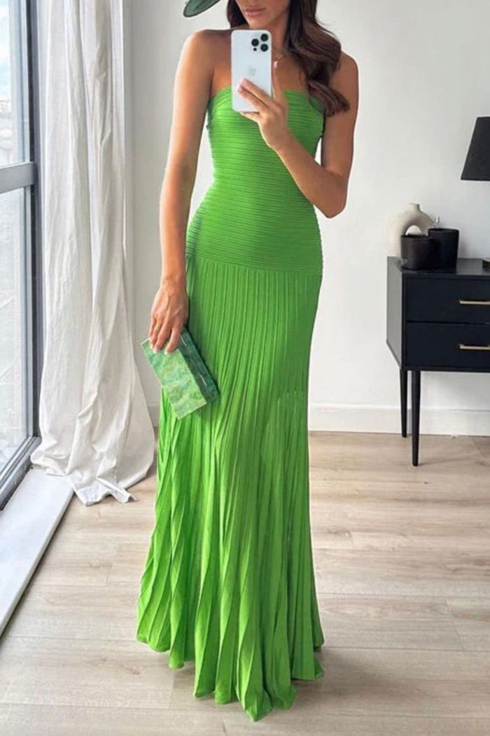 Green Strapless Tube Pleated Maxi Knit Dress