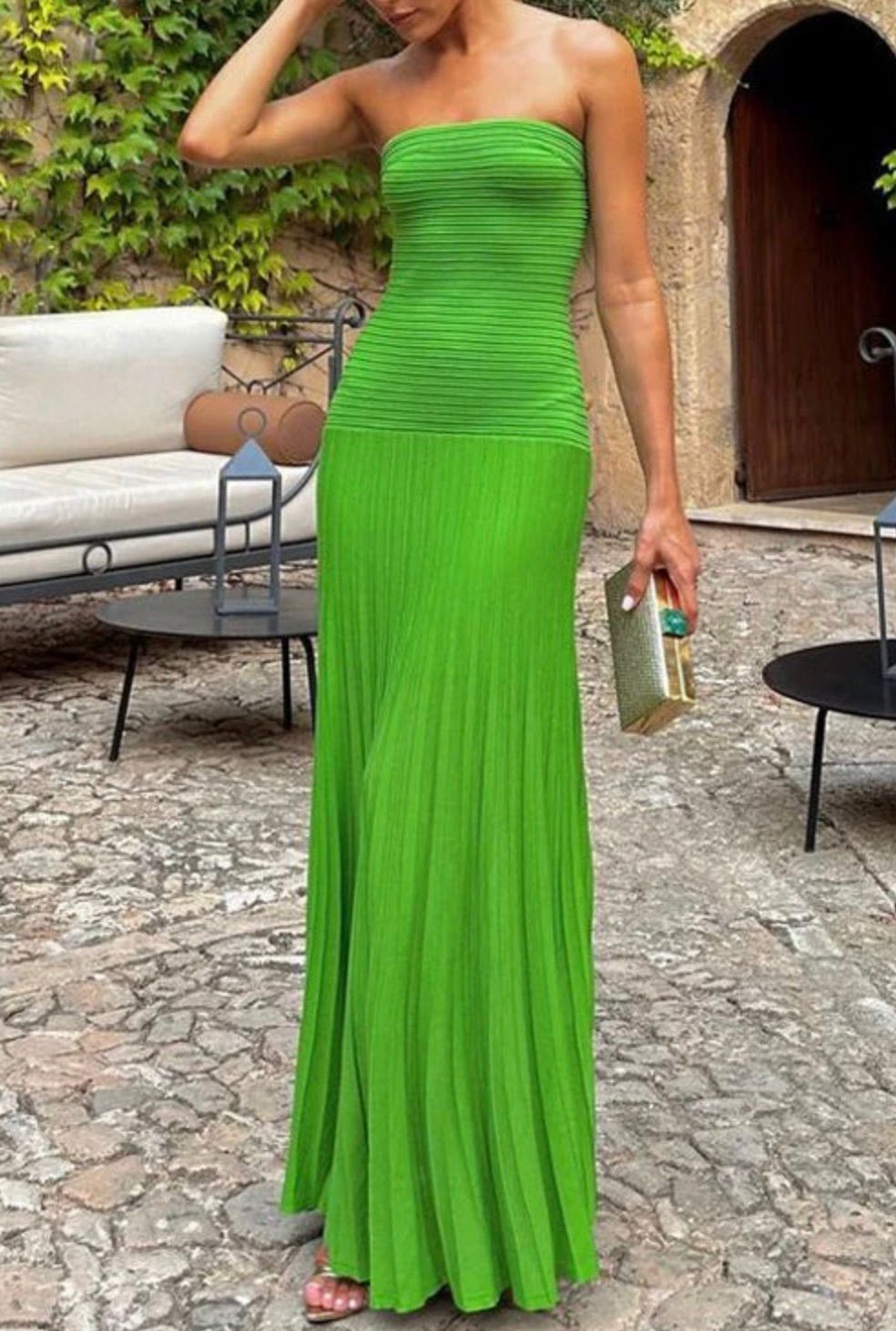 Green Strapless Tube Pleated Maxi Knit Dress