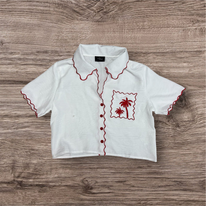 Sleeve Wave Trim Embroidery Top