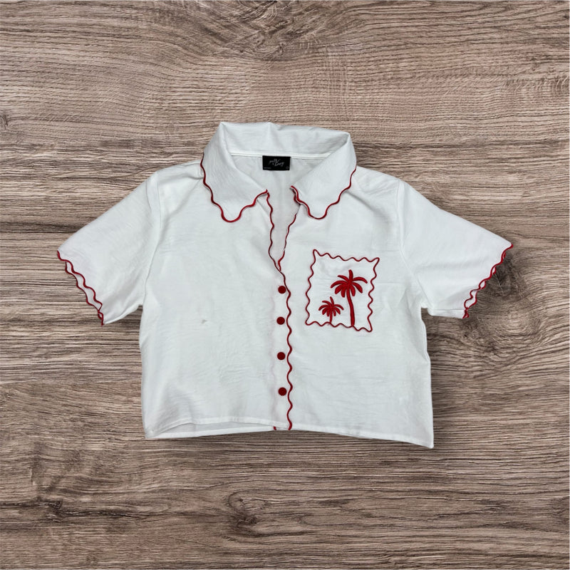 Sleeve Wave Trim Embroidery Top