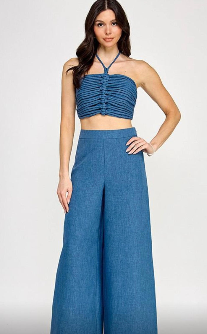 Blue  Denim Pant & Drawstring Ruched Top