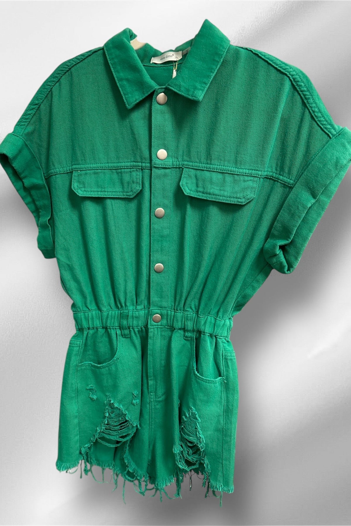Distressed Denim Romper Green