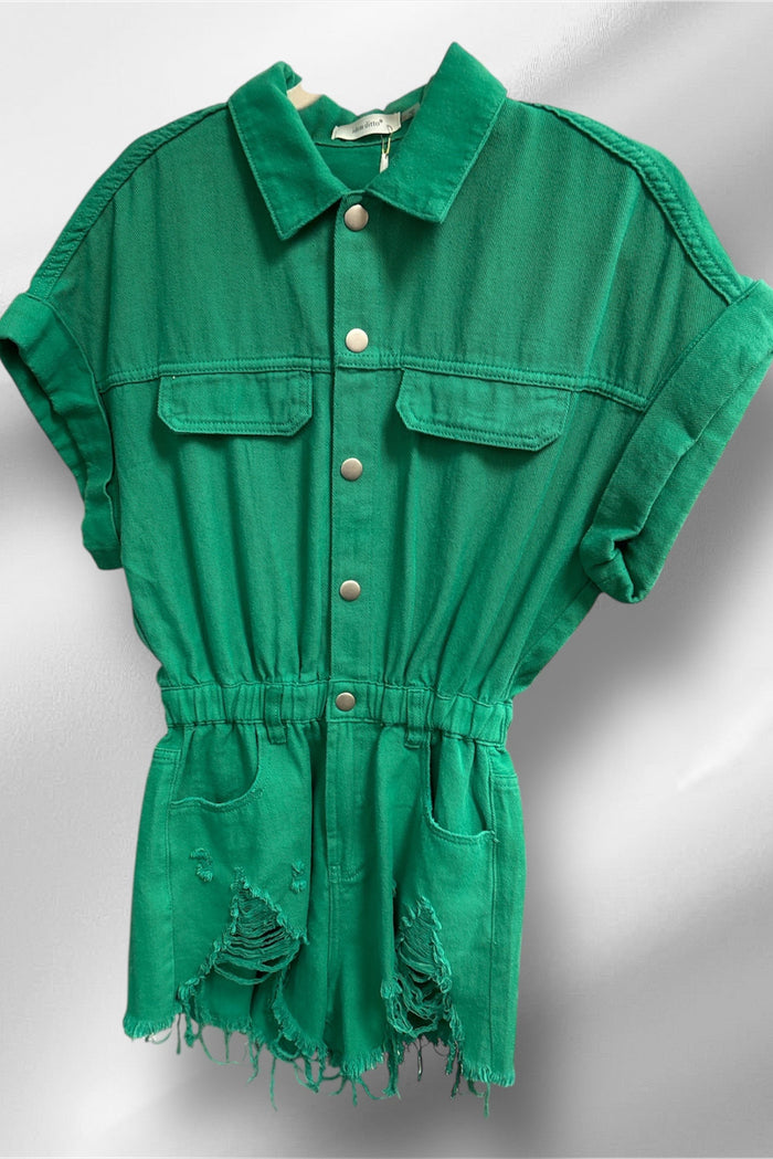 Distressed Denim Romper Green