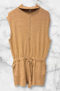 Beige Half Zip Neck Sleveless Romper