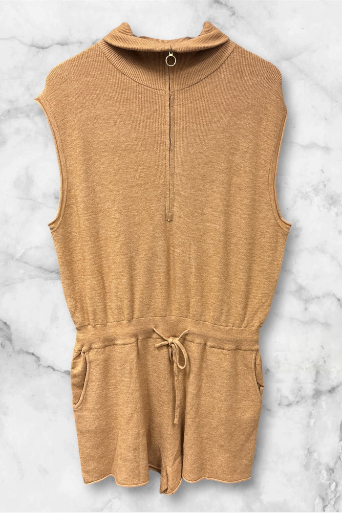 Beige Half Zip Neck Sleveless Romper