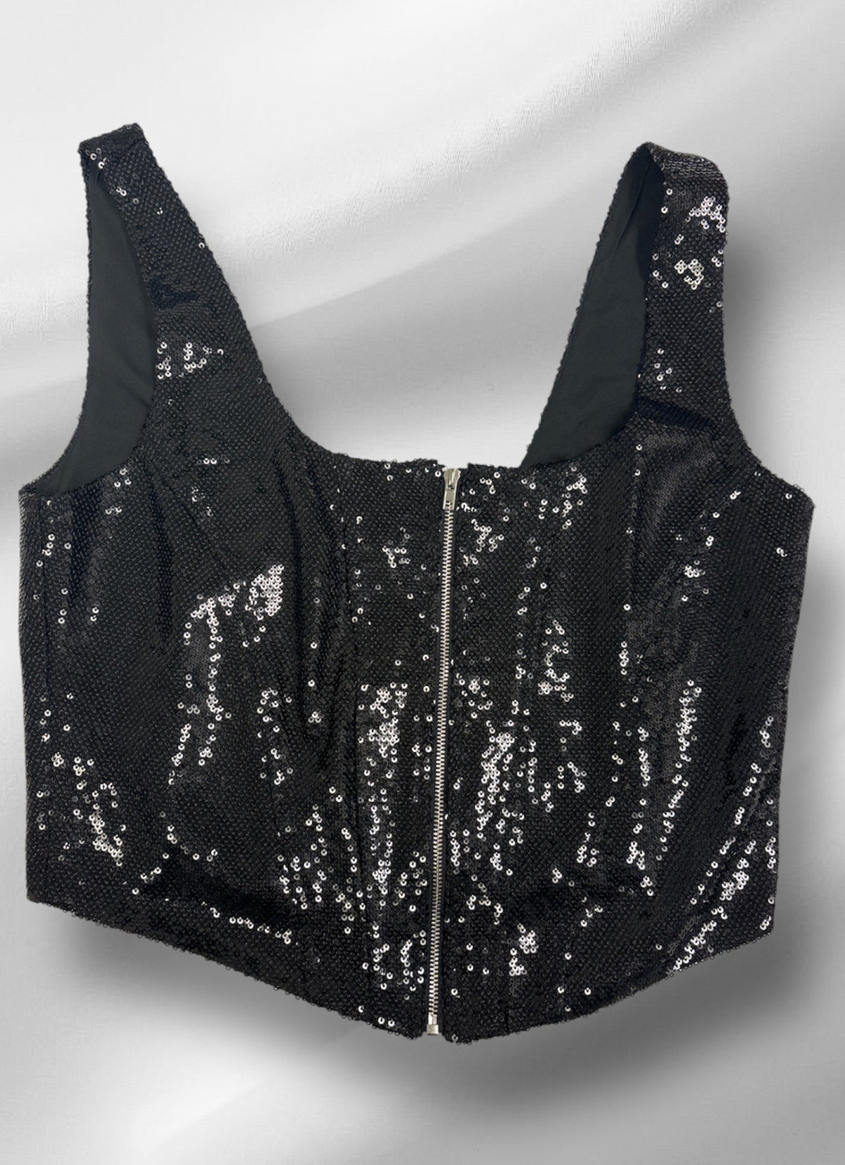 Black Sequin Corset Front Zipper
