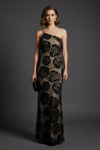 Long Black Dress With Suede Roses