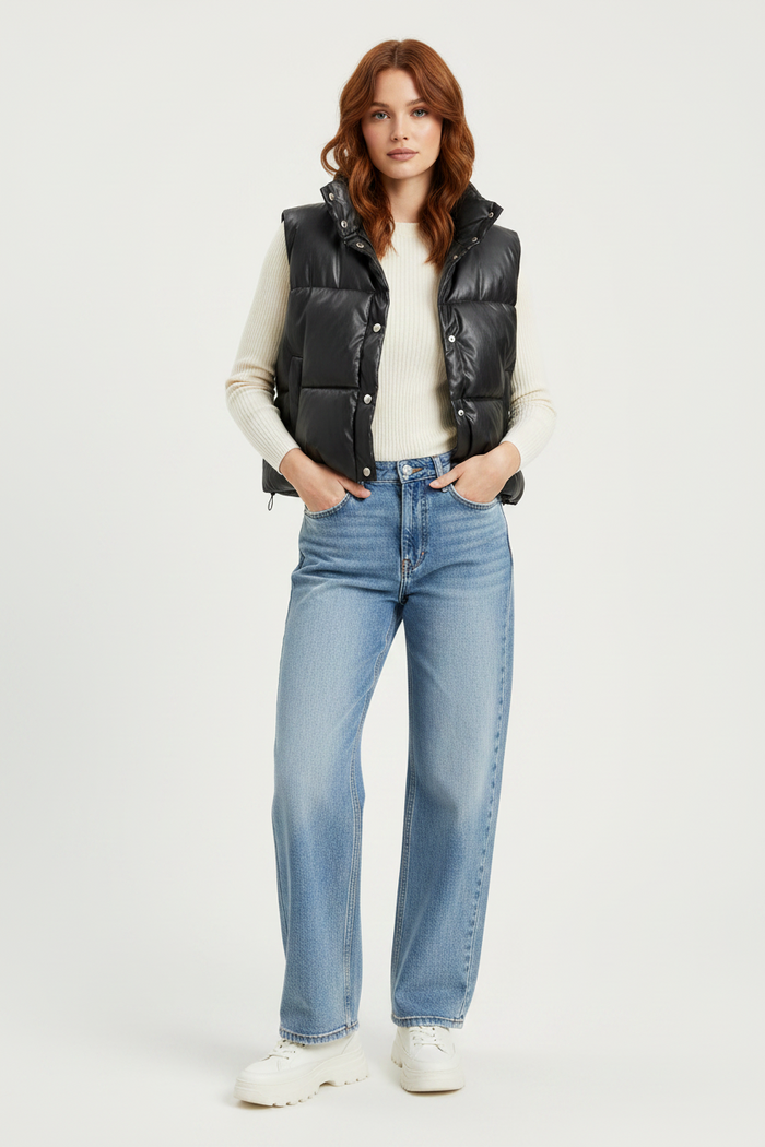 Black Leather Puff Vest
