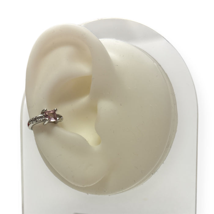 Delicate Silver Ear Cuff Adorned W/Mini Brilliants & Square-Cut Stone