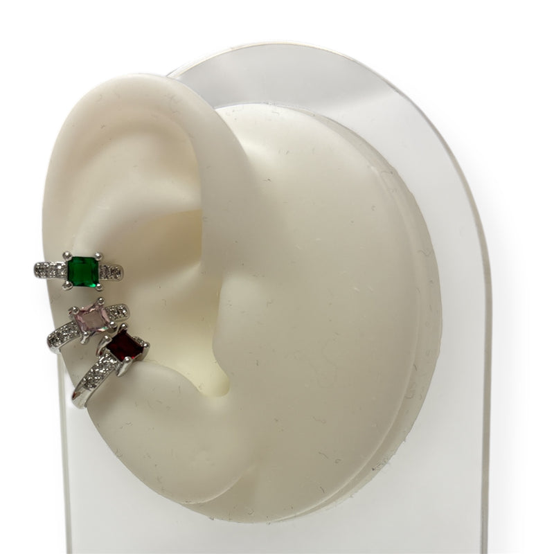 Delicate Silver Ear Cuff Adorned W/Mini Brilliants & Square-Cut Stone