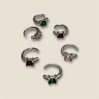 Delicate Silver Ear Cuff Adorned W/Mini Brilliants & Square-Cut Stone