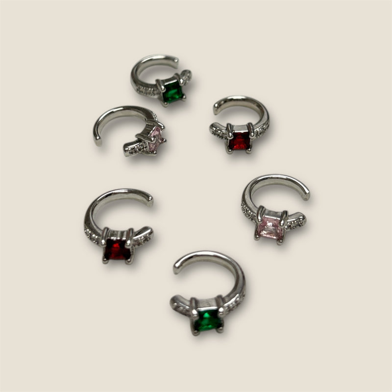 Delicate Silver Ear Cuff Adorned W/Mini Brilliants & Square-Cut Stone