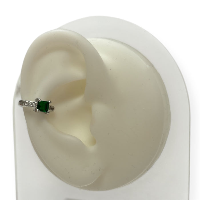 Delicate Silver Ear Cuff Adorned W/Mini Brilliants & Square-Cut Stone