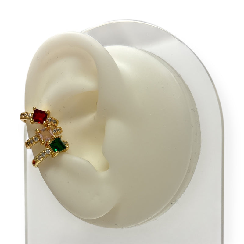 Delicate Gold Ear Cuff Adorned W/Mini Brilliants & Square-Cut Stone