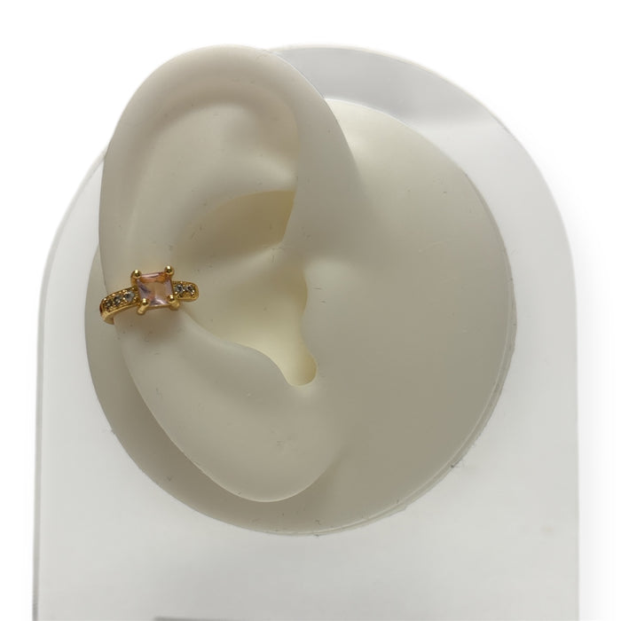 Delicate Gold Ear Cuff Adorned W/Mini Brilliants & Square-Cut Stone