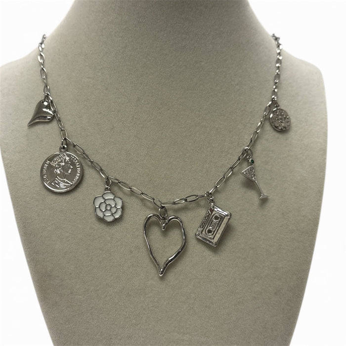 Silver Thin Link Chain W/7 Silver Charms