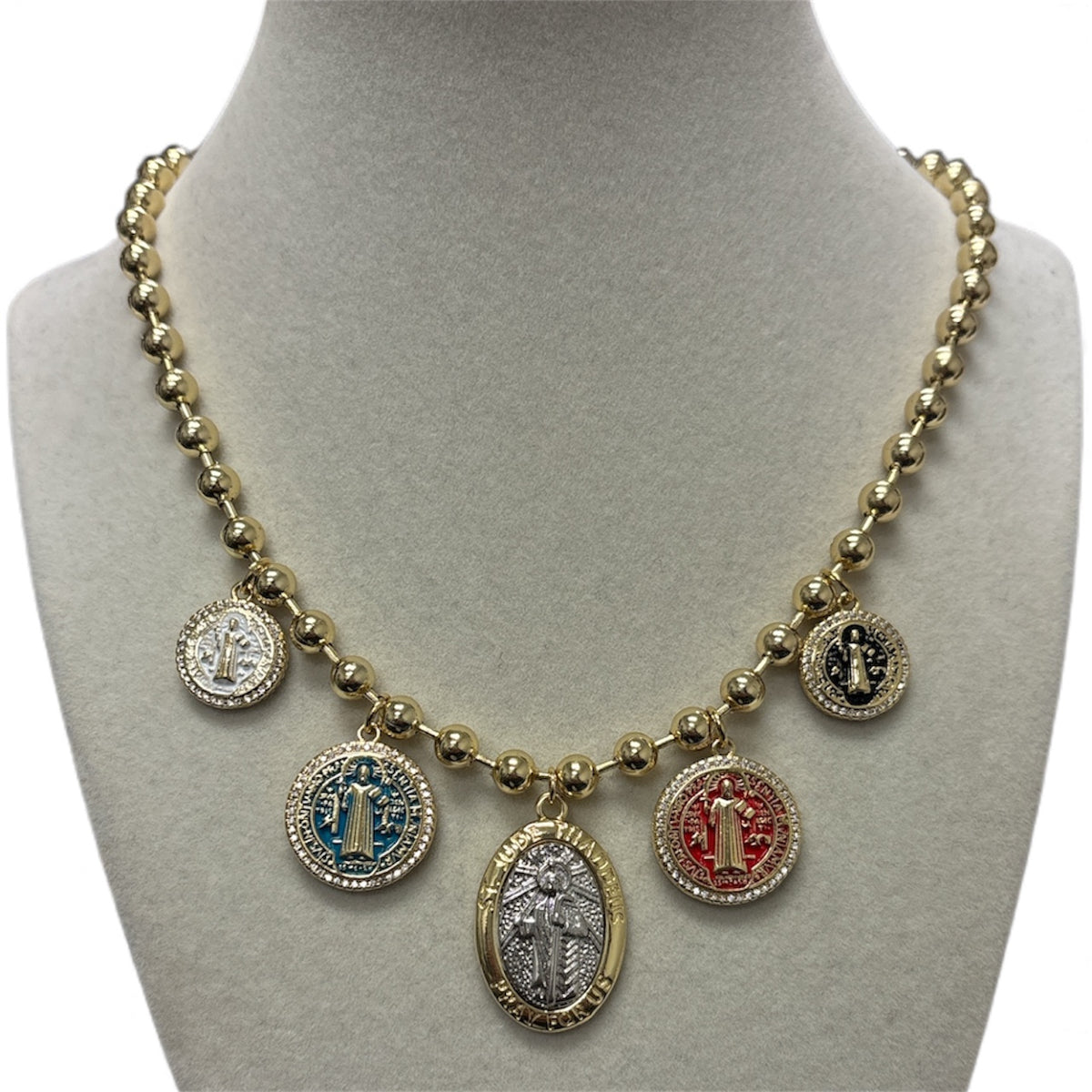 Gold Chain W/5 St. Benedict Charms Necklace