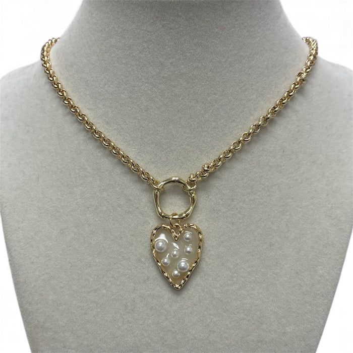 Thick Gold Chain W/Pearl Heart Charm Necklace