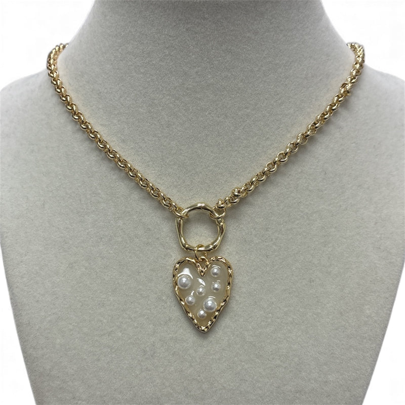 Thick Gold Chain W/Pearl Heart Charm Necklace