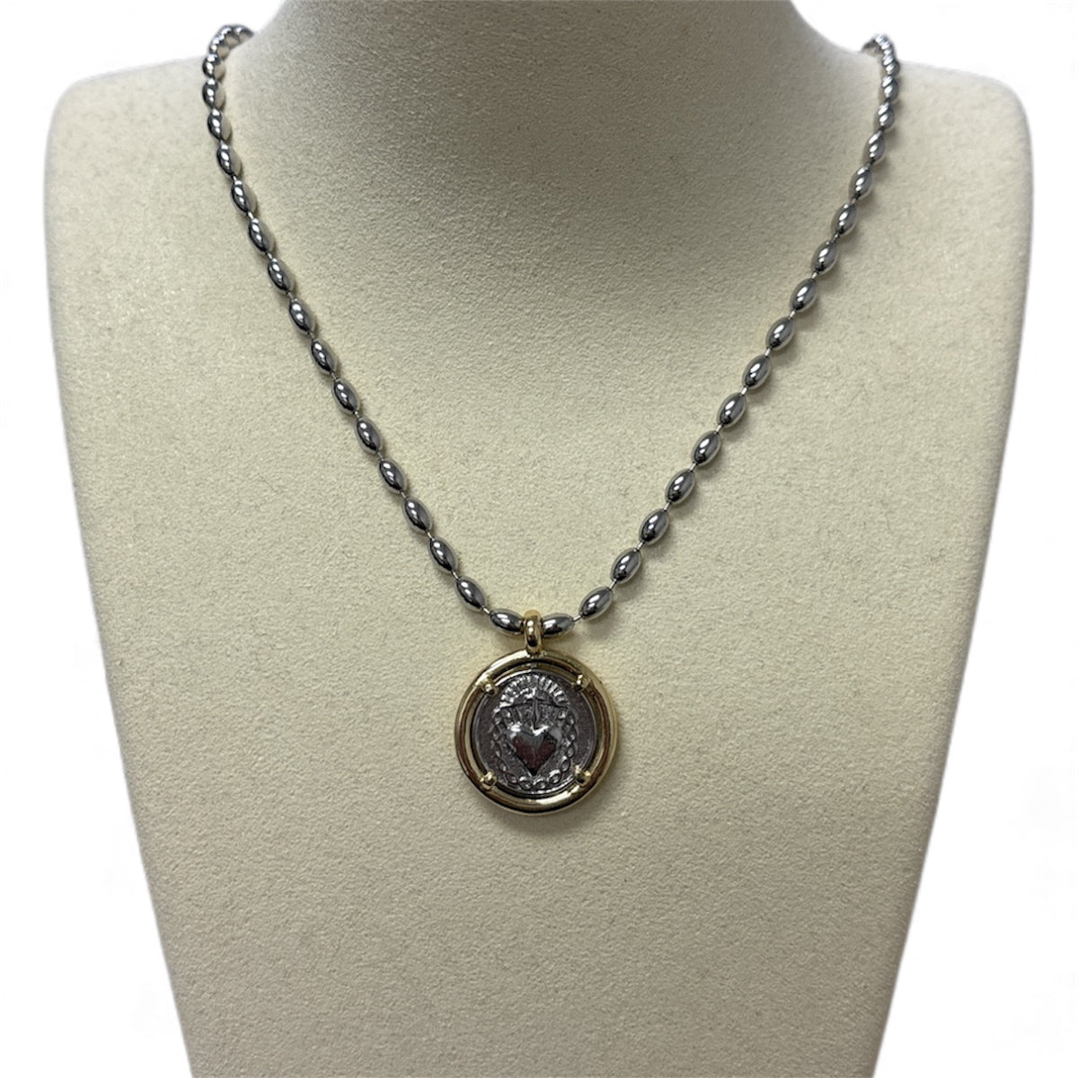 Silver Mini Beads W/Heart of Jesus Charm Necklace