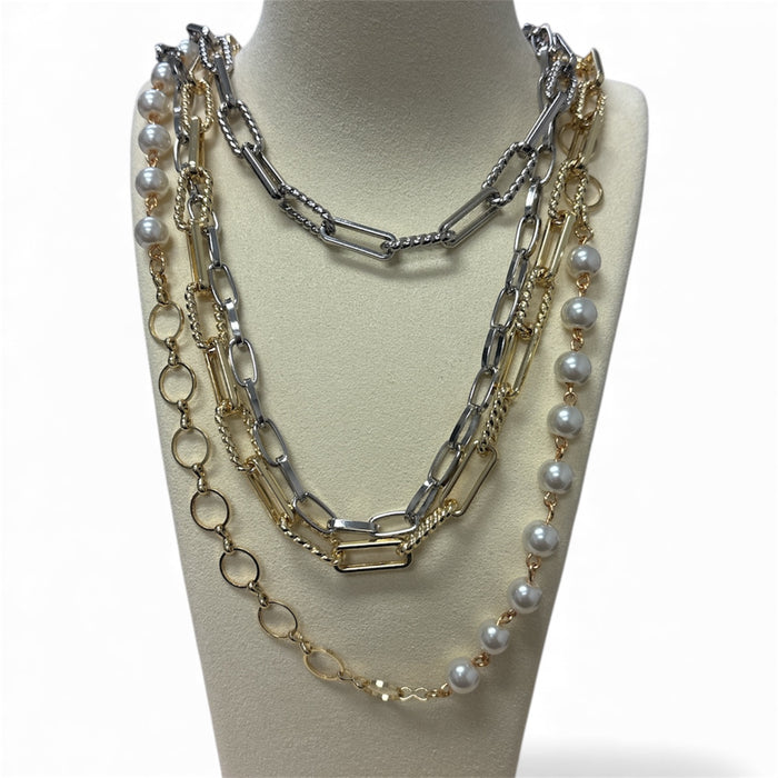 Layered Mixed Silver & Gold Chain W/Pearls Necklace