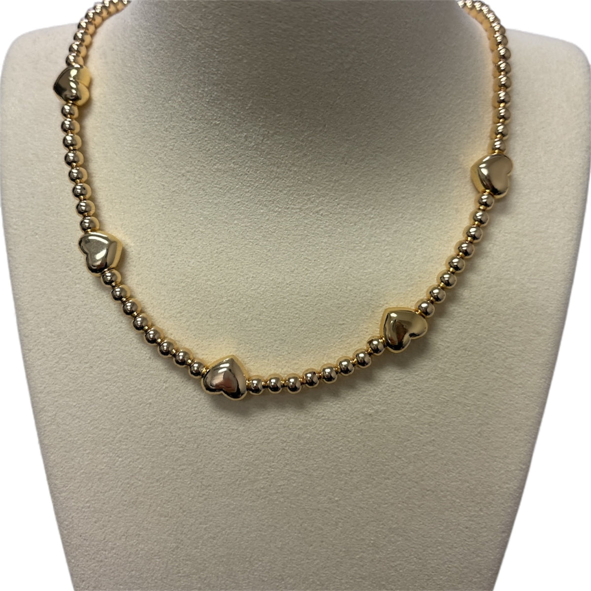 Gold Mini Beads W/5 Gold Hearts Necklace