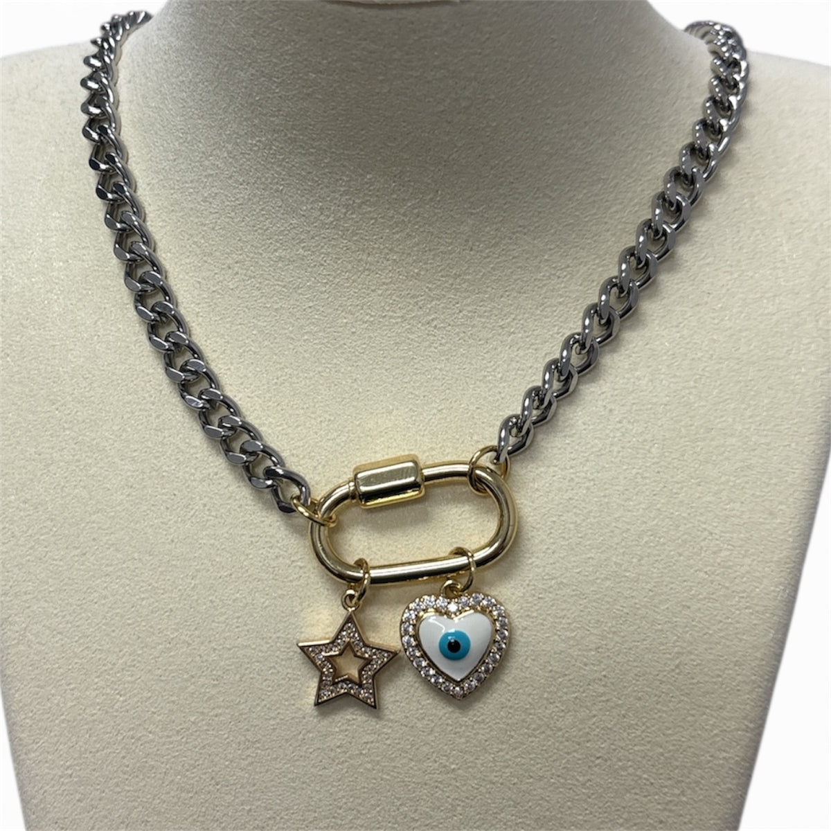 Silver Chain W/Gold Clasp & Two Charms Necklace