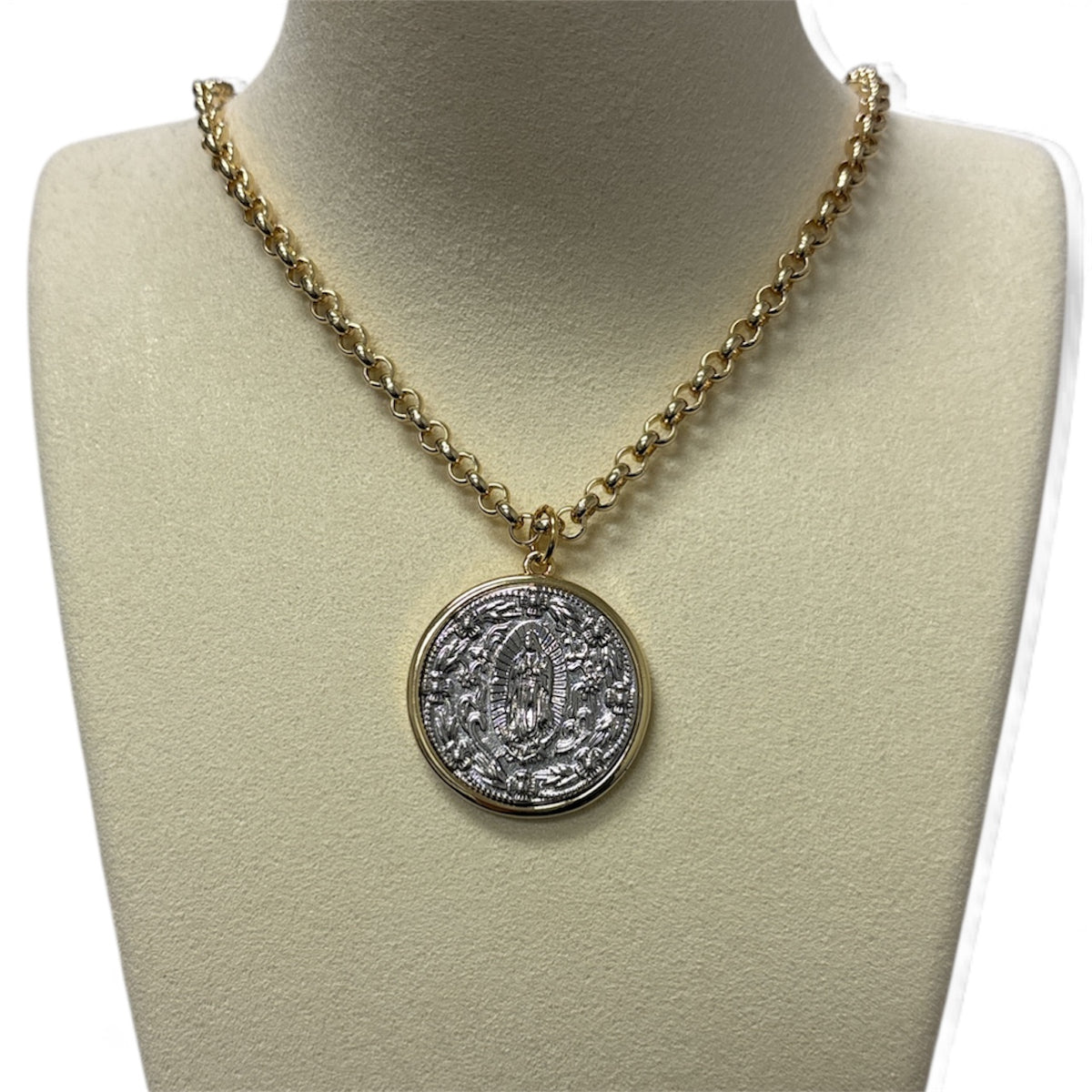 Gold Chain W/Big Lady Of Guadalupe Virgin Charm Necklace