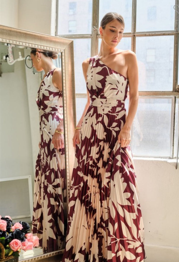 One Shoulder Brown Floral Maxi Dress