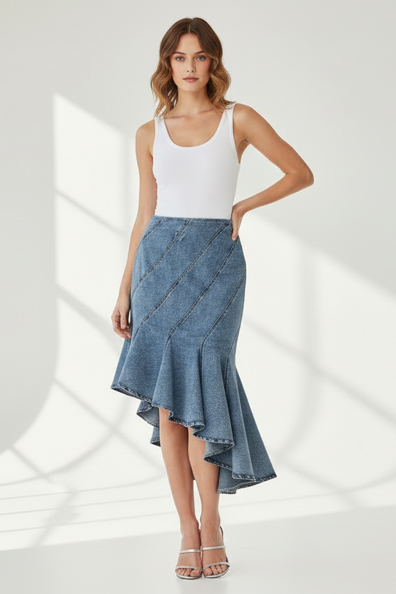 Cascade Ruffle Denim Skirt