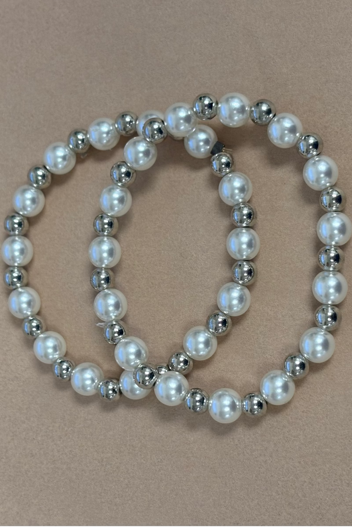 Elastic Silver Beads W/Pearls Bracelet