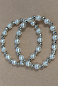 Elastic Silver Beads W/Pearls Bracelet