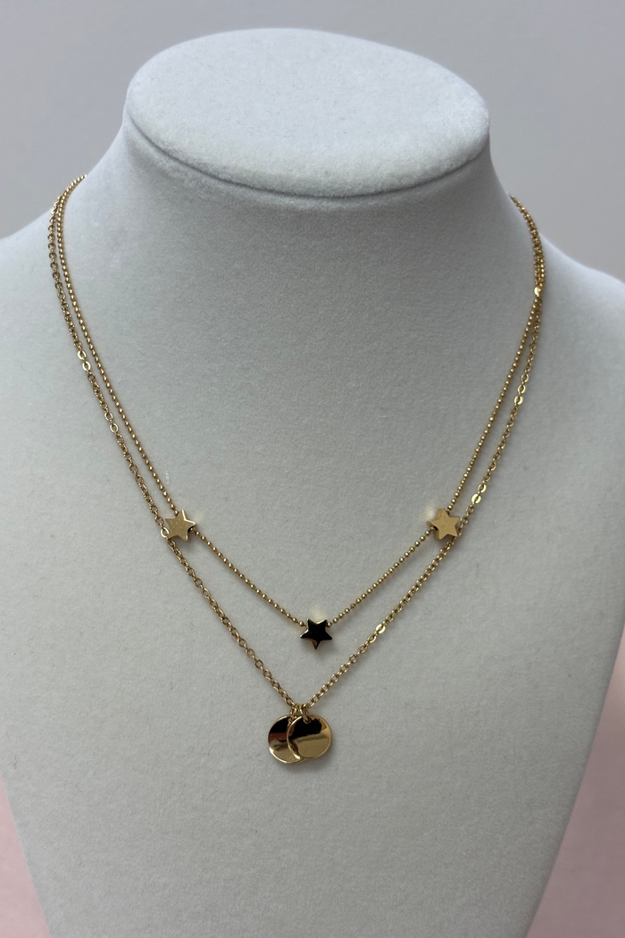 Double Layered Delicate Chain W/ Stars & Circles Charms Necklace
