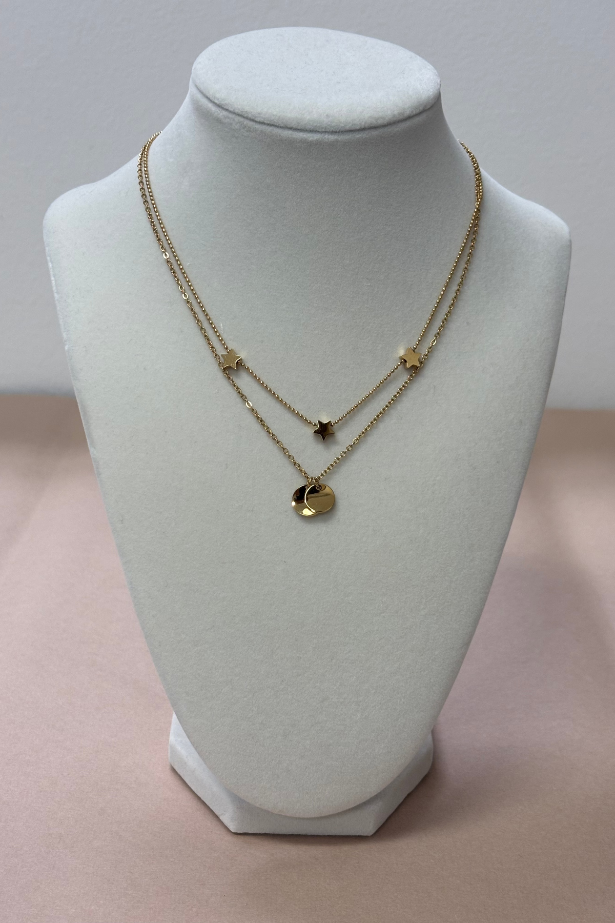 Double Layered Delicate Chain W/ Stars & Circles Charms Necklace