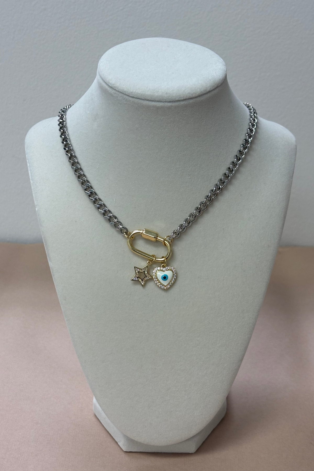 Silver Chain W/Gold Clasp & Two Charms Necklace