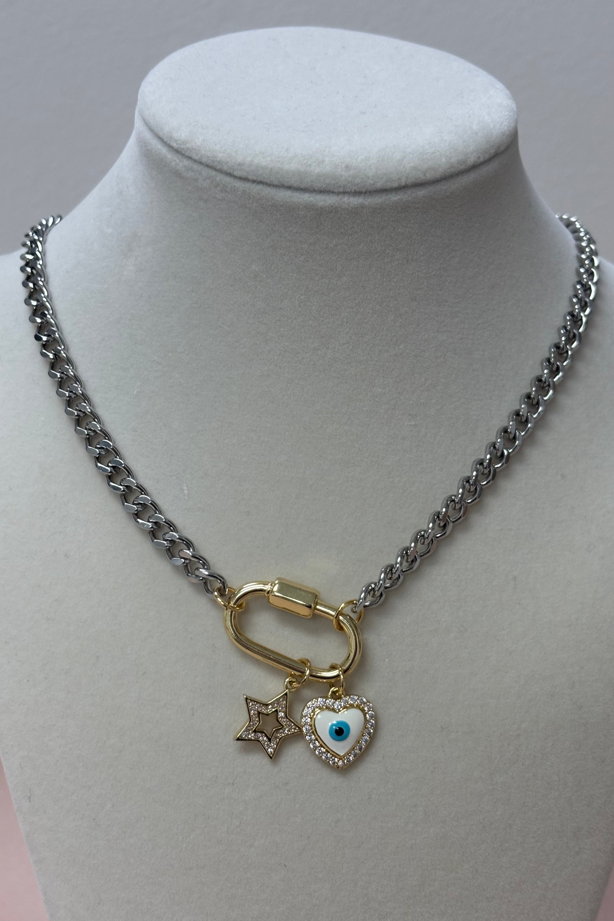 Silver Chain W/Gold Clasp & Two Charms Necklace