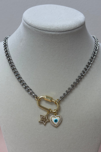 Silver Chain W/Gold Clasp & Two Charms Necklace