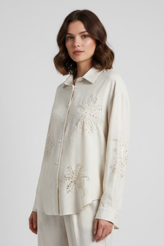LongSleeve Linen Sequin Top