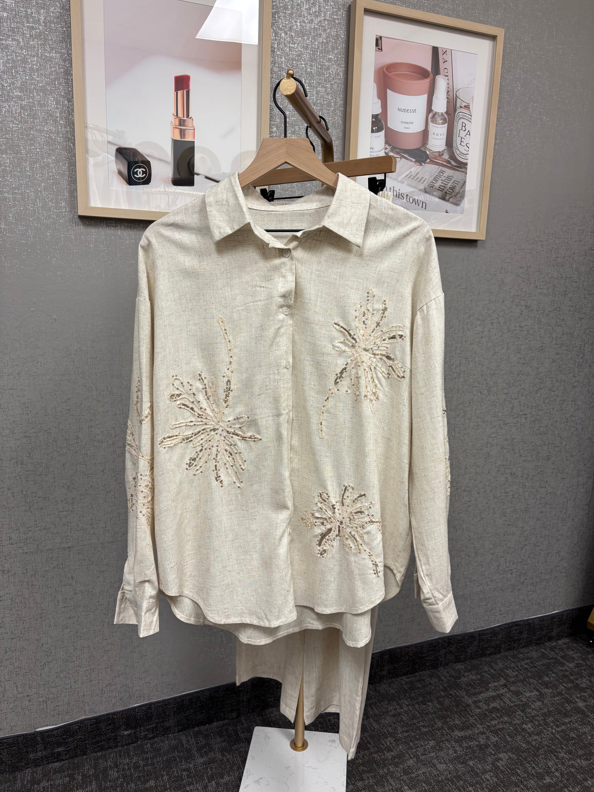 LongSleeve Linen Sequin Top