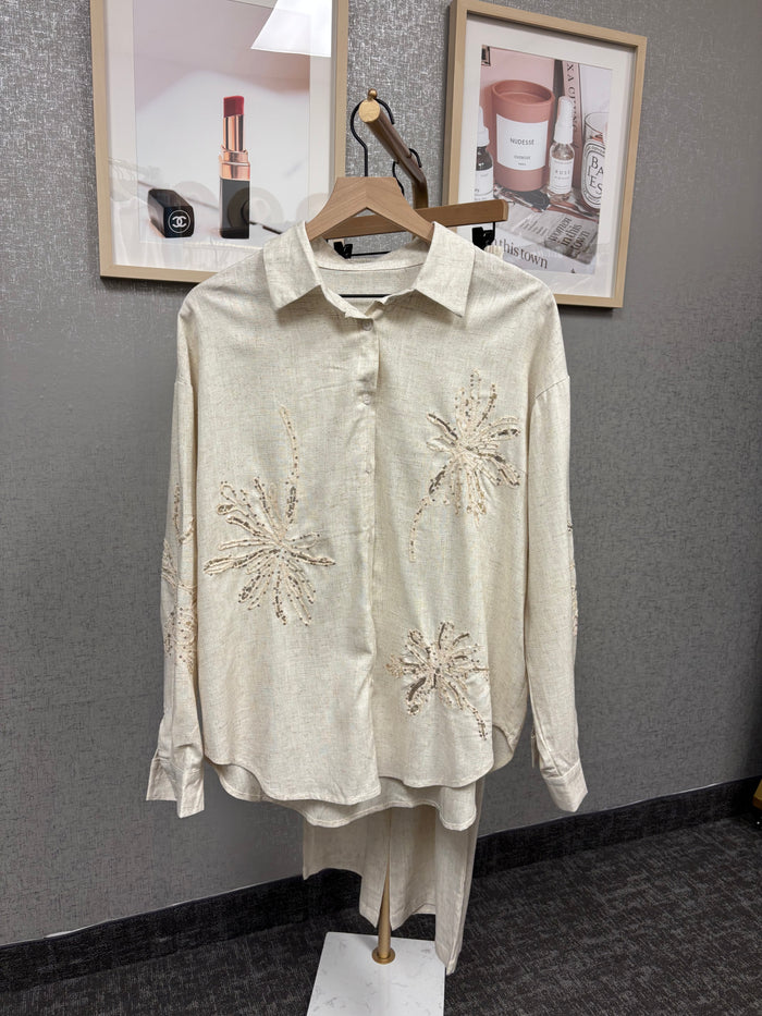 LongSleeve Linen Sequin Top