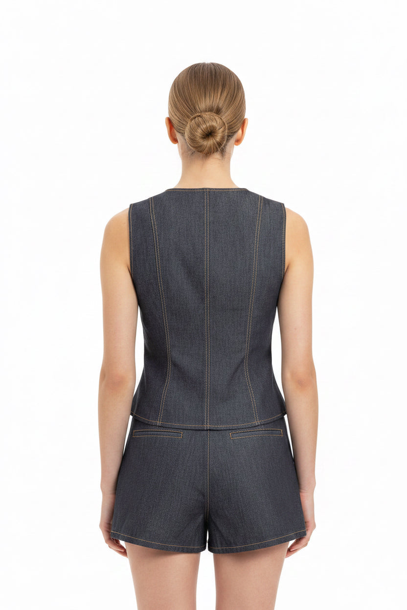 Square Denim Vest & Shorts Set