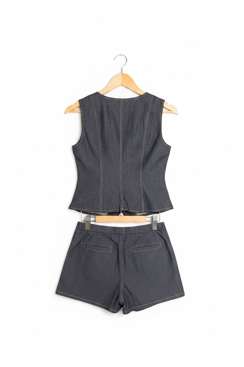 Square Denim Vest & Shorts Set