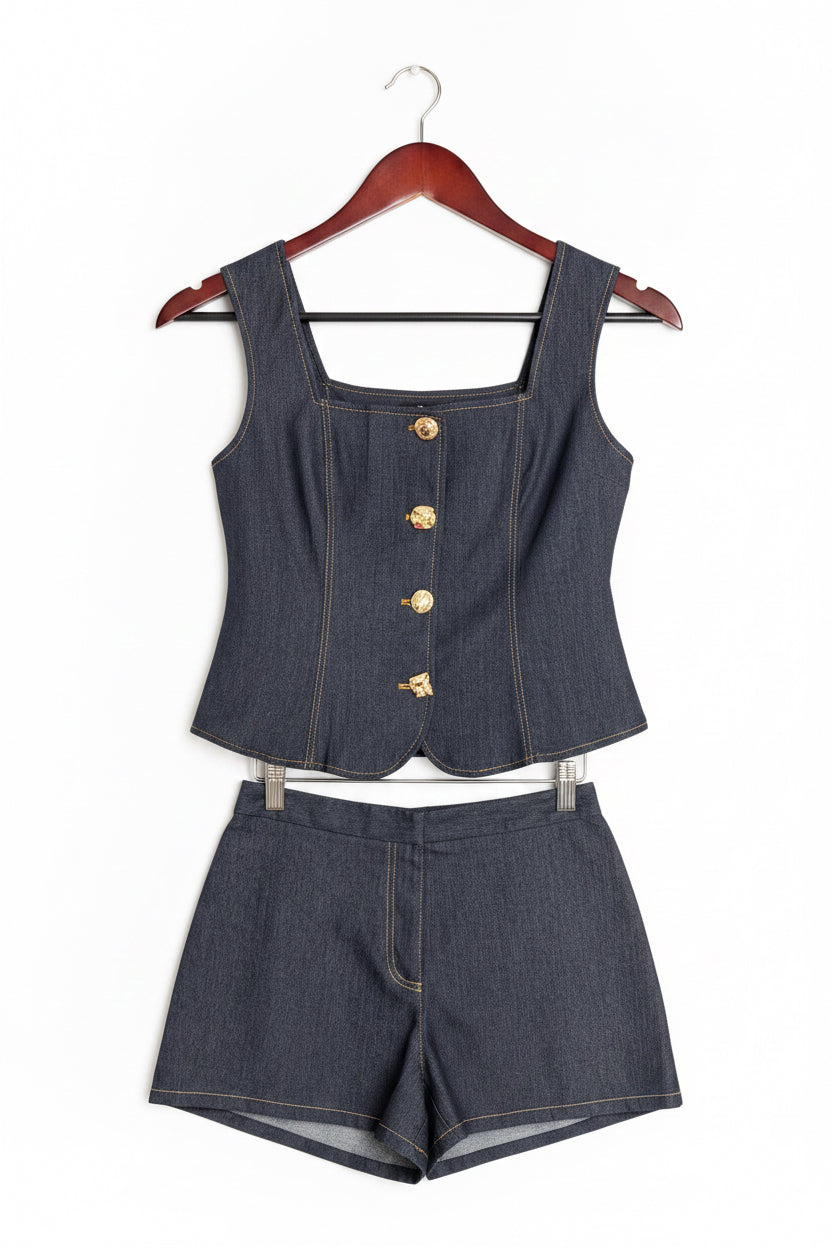 Square Denim Vest & Shorts Set