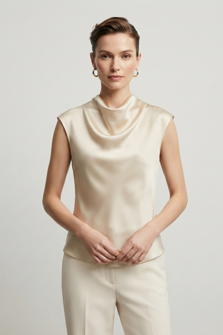 SleeveLess Cowlick Solid Satin Top