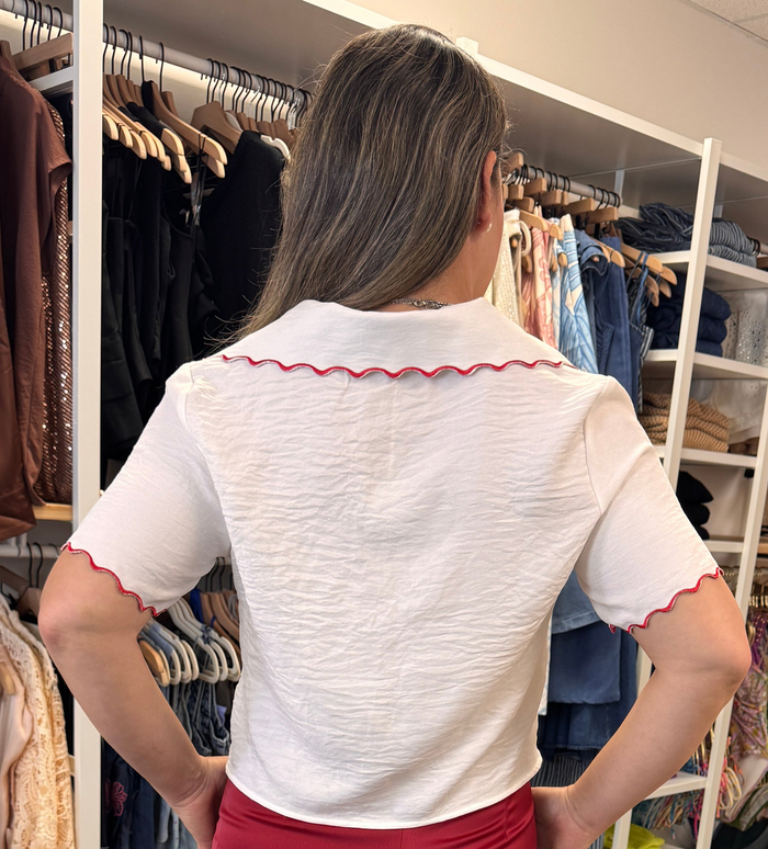 Sleeve Wave Trim Embroidery Top