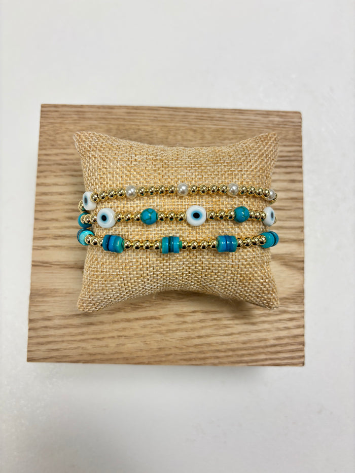 Adjustable Gold,Blue & Eye Beads - 3 in 1 Bracelet