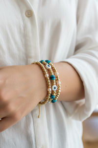 Adjustable Gold,Blue & Eye Beads - 3 in 1 Bracelet
